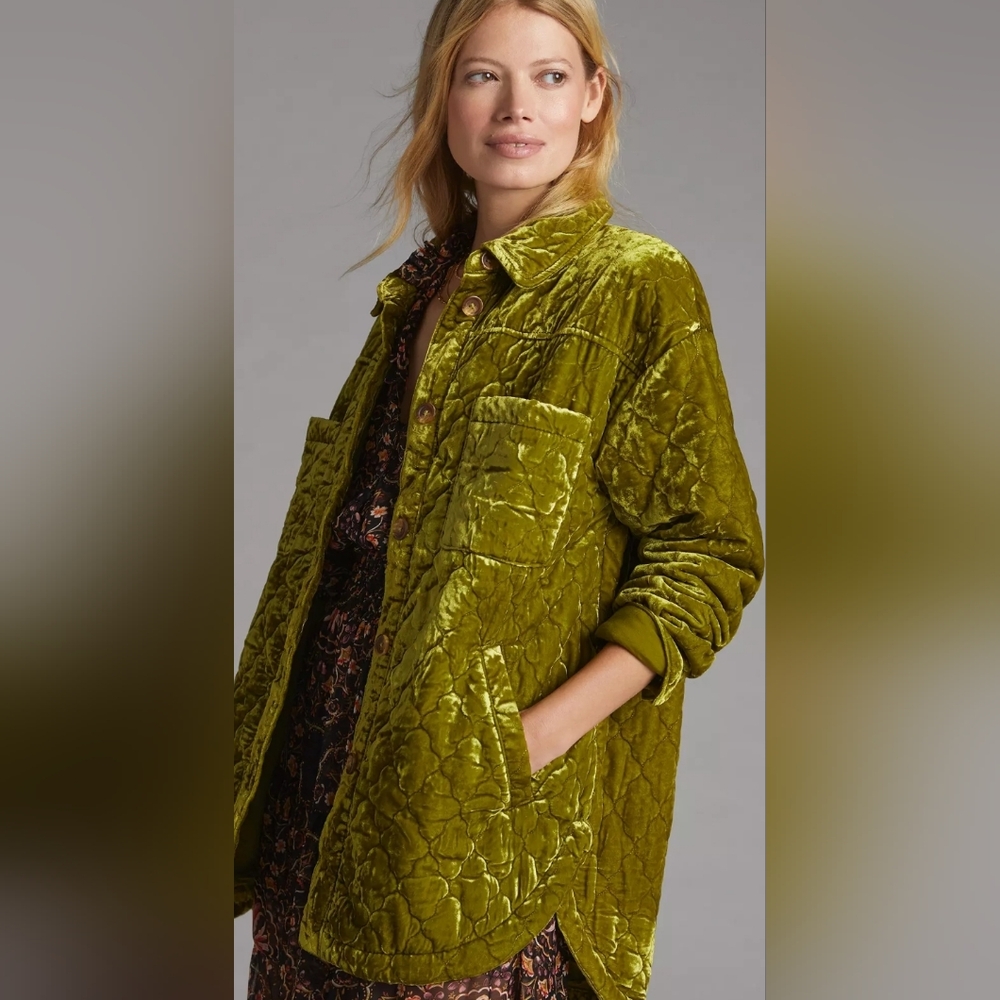 Anthropologie Chartreuse Quilted Velvet Jacket